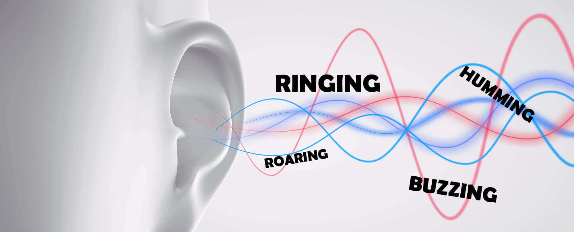 Natural Ear Ringing Relief (Tinnitus) illustration showing various sound waves like ringing, humming, roaring, and buzzing.