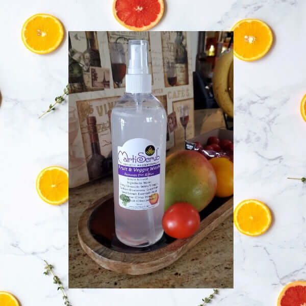 Fruit and Vegetable Wash in a 16 oz spray bottle, ideal for removing pesticide residue and dirt from produce.