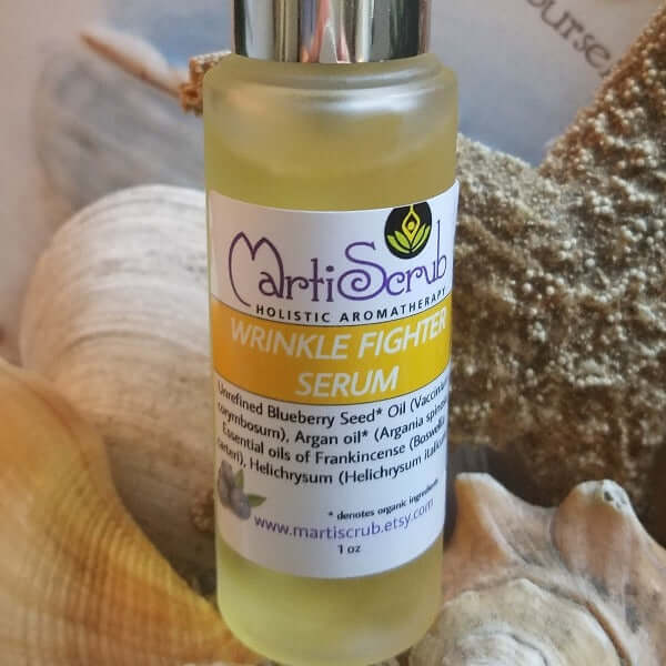 Wrinkle Fighter Serum in a glass bottle, featuring nourishing oils for maturing and sensitive skin, displayed on a textured background.