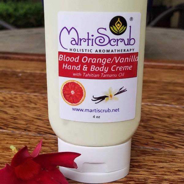 MartiScrub Blood Orange/Vanilla Body Creme with Tahitian Tamanu Oil, relaxing aromatherapy cream in a 4 oz tube.