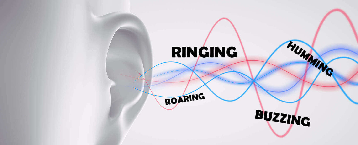 Natural Ear Ringing Relief (Tinnitus) illustration showing various sound waves like ringing, humming, roaring, and buzzing.