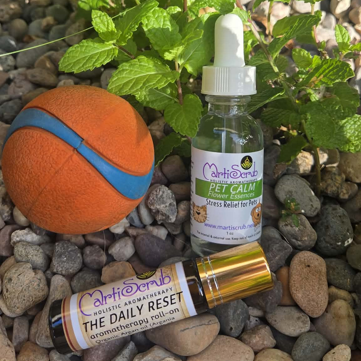 The Calm Companion Duo featuring stress relief products including a pet calm dropper and aromatherapy roll-on with a toy.