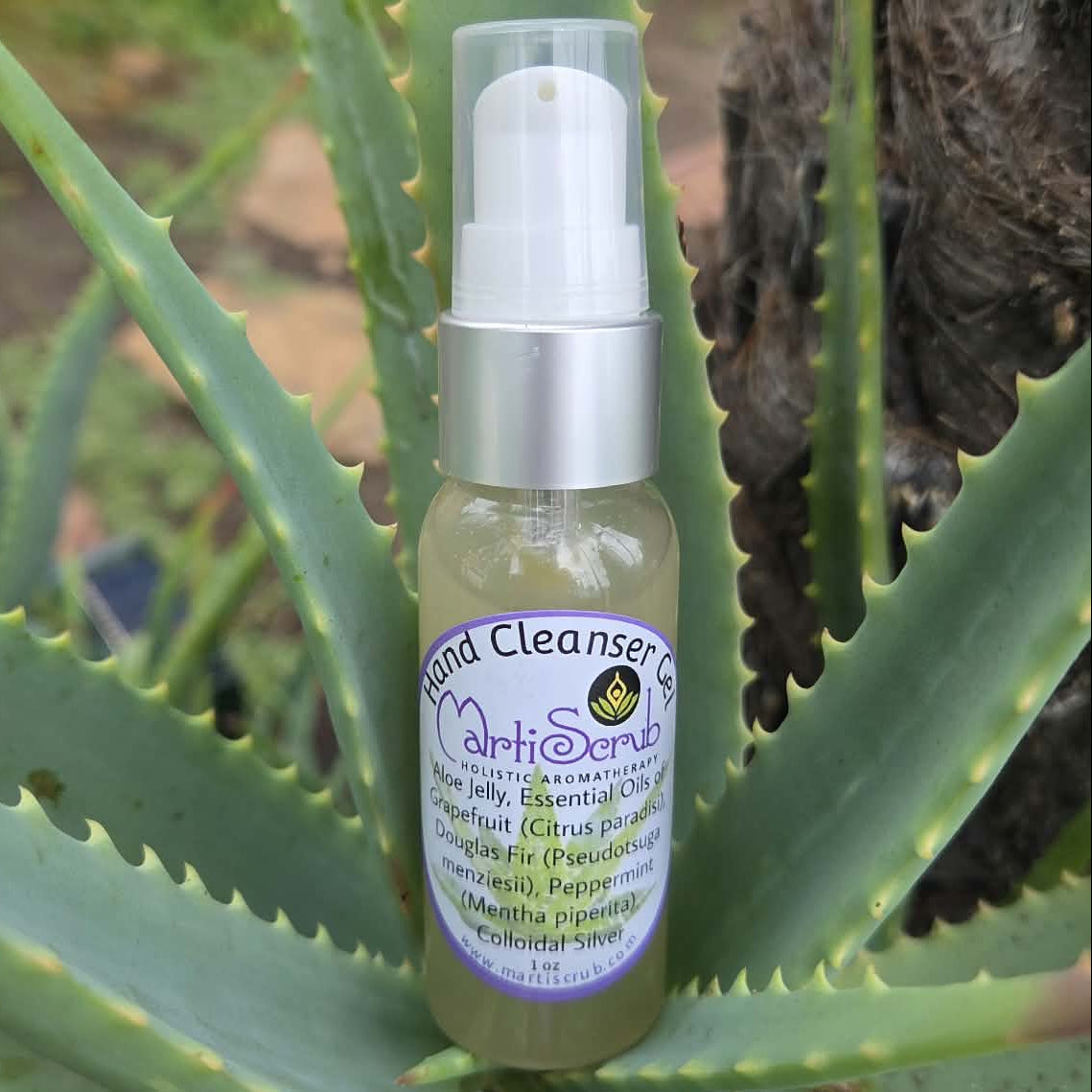 A small bottle of hand cleanser with a clear cap and silver pump, placed on the center of a large aloe vera leaf in an outdoor garden setting.