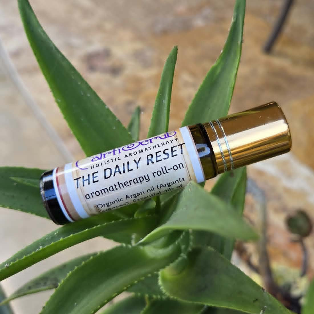 calming roll-on for daily reset on an aloe vera plant background, showcasing its soothing effects.