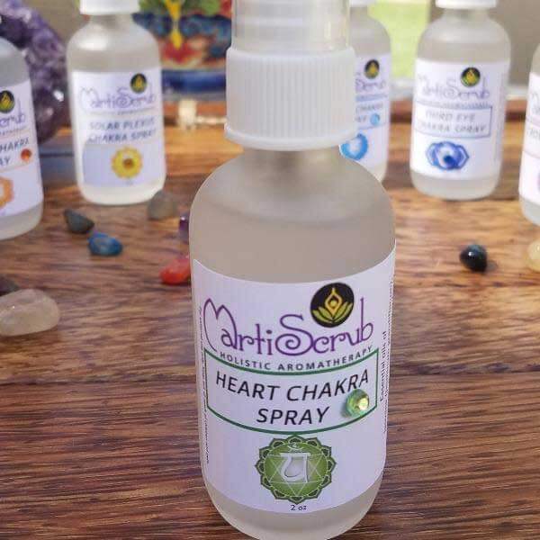 Heart Chakra Spray bottle featuring essential oils for love and compassion, with Rose Quartz and chakra stones in the background.