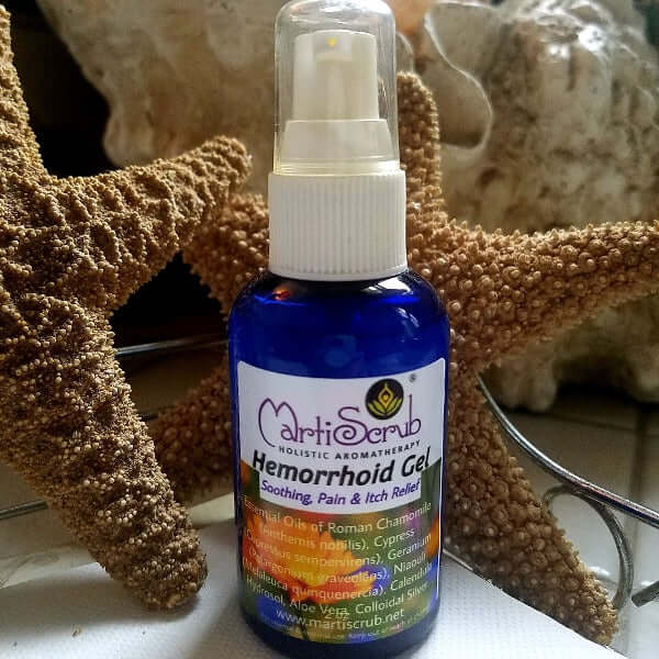Aloe vera-based hemorrhoid gel bottle with essential oils for soothing pain and discomfort.