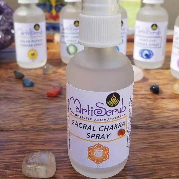 Sacral Chakra Spray from MartiScrub, essential oil blend for stimulating and opening the sacral chakra in aromatherapy.
