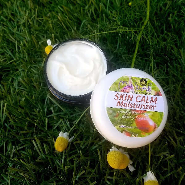 Skin Calm Moisturizer in a jar, formulated with Rosehip Seed Oil for calming skin. Ideal for soothing and hydrating.