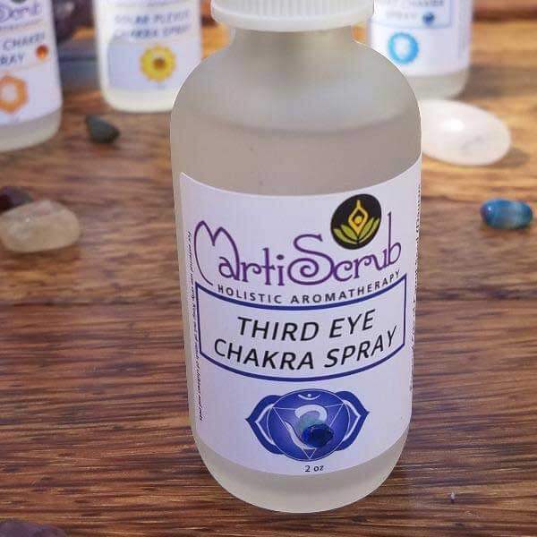 Third Eye Chakra Spray bottle featuring essential oils, amethyst stone, and holistic aromatherapy label.
