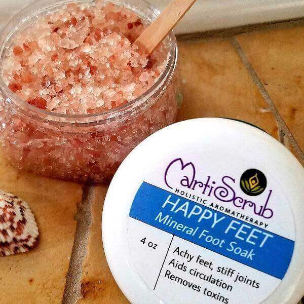 Jojoba oil and essential oil infused Happy Feet mineral foot soak in jar, promoting relaxation and foot care.